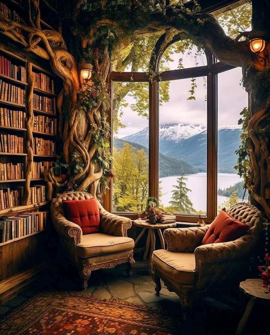 Tiny library with books, built in shelves, two chairs with pillows