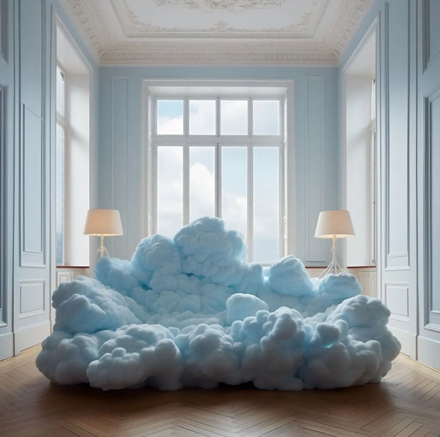 light blue cloud shaped couch in light blue room