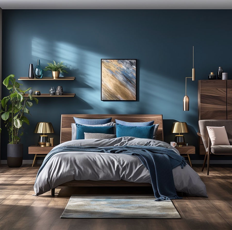light blue teal color wall bedroom with wood furniture