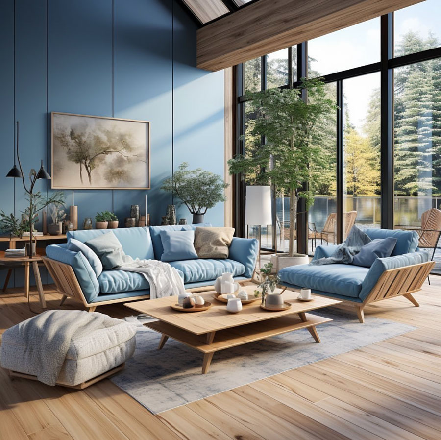 light blue with wood tone home design