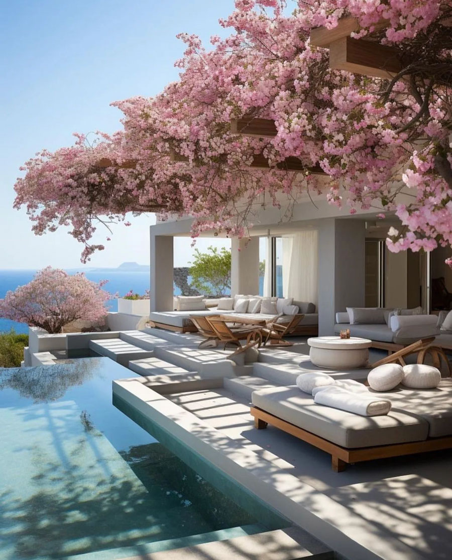 light pink flowers covering wood beams over swimming pool
