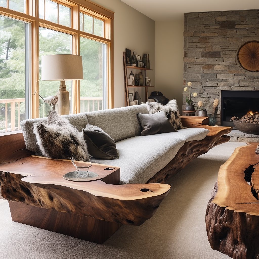 live edge organic wood long furniture couch