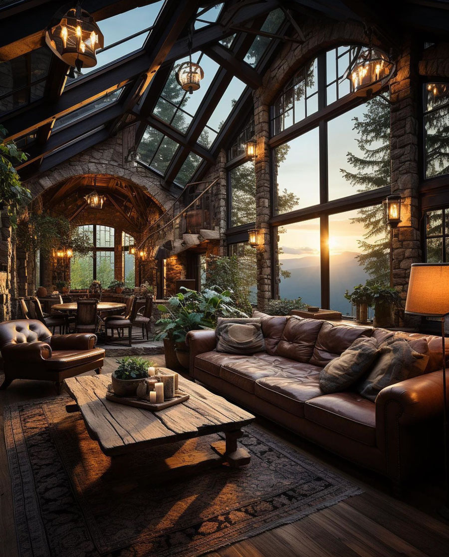 living room during sunset, couch, mountain cabin home