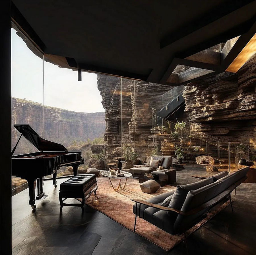 living room in modern home with a view of desert