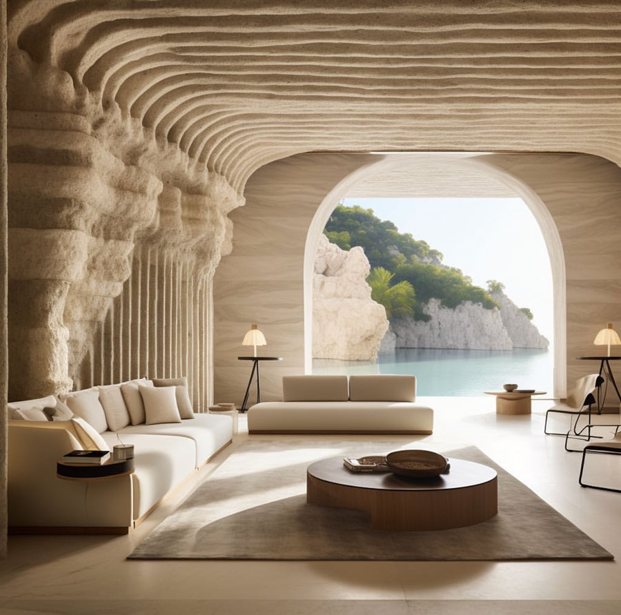 living room overlooking coastal waters dream home