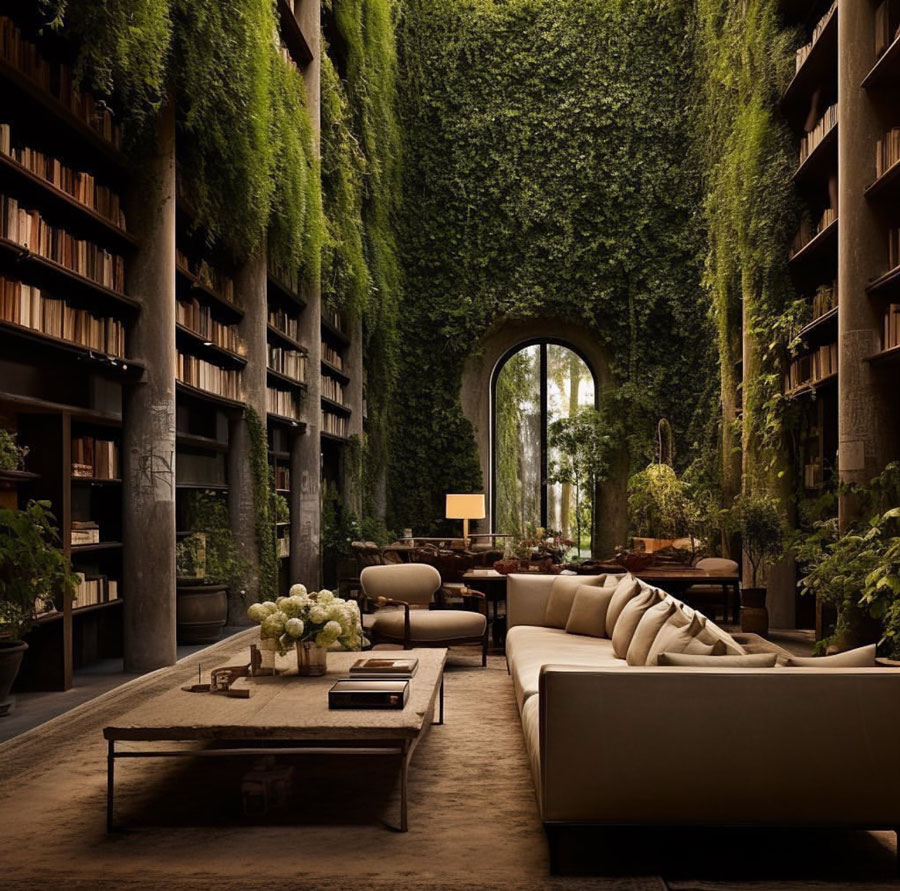 living room with natural overgrown vines