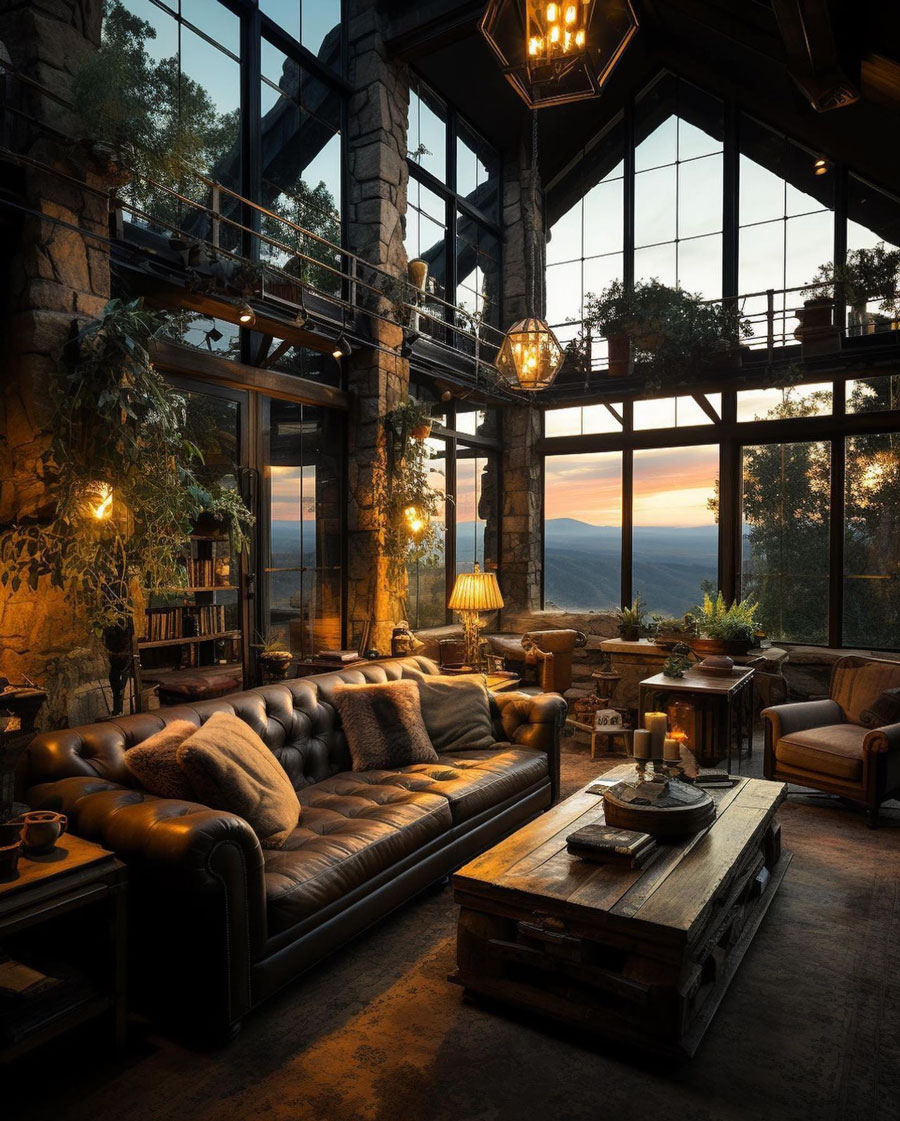 living room with tall windows facing mountains