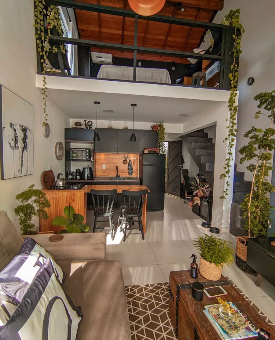 loft kitchen, stairs view, living room with couch