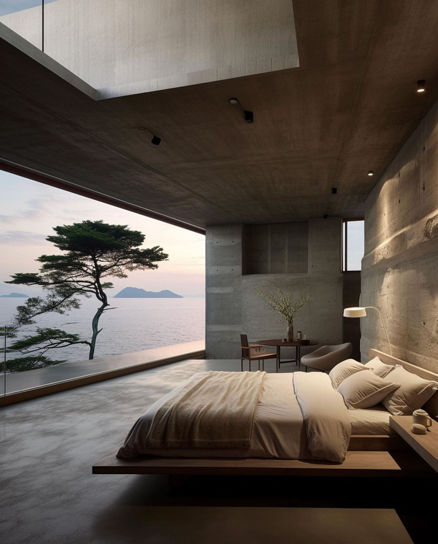 master bedroom in modern cliffside home