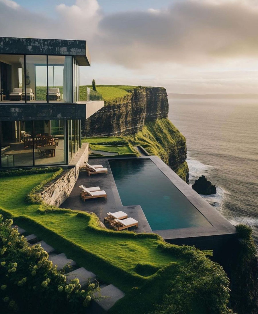 modern cliffside home exterior view with swimming pool