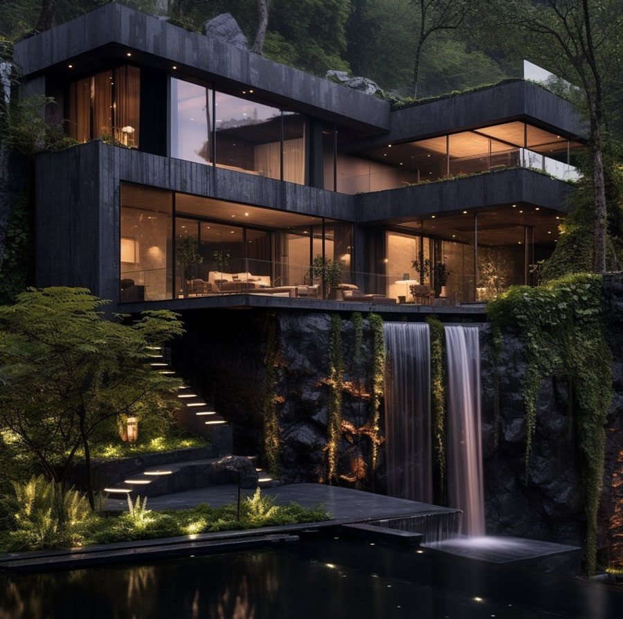 black stone modern jungle home exterior