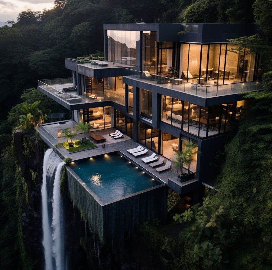 Waterfall edge, swimming pool, modern home 2 story building