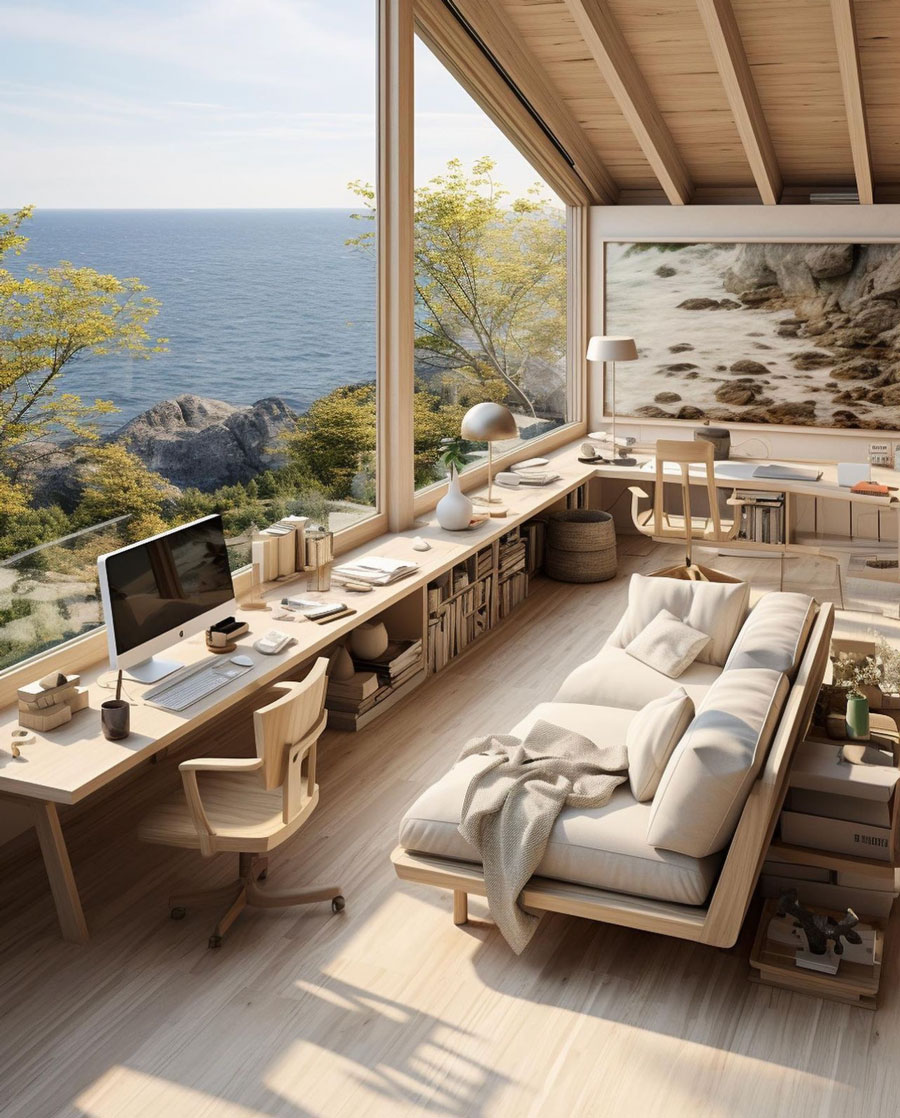 natural wood colored office space overlooking coast
