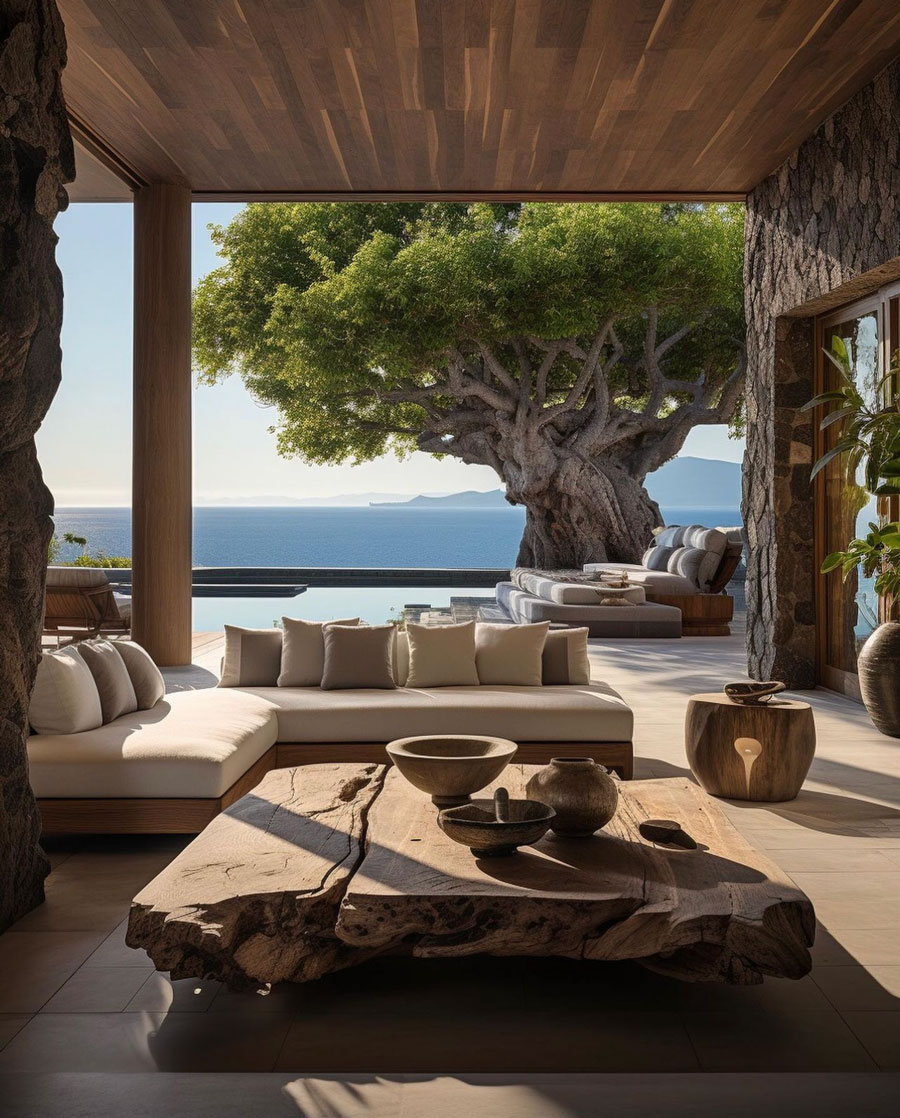 natural wood table and floors overlooking pool