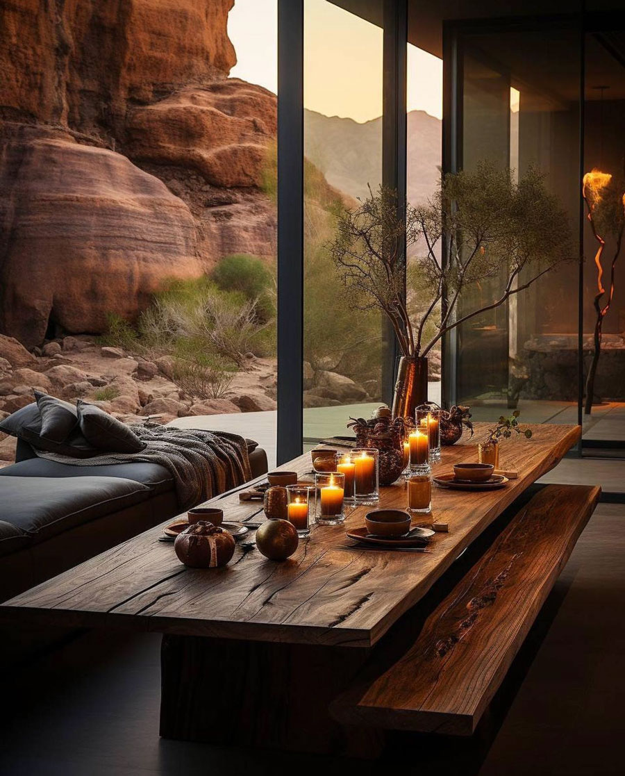 natural wood table in desert home