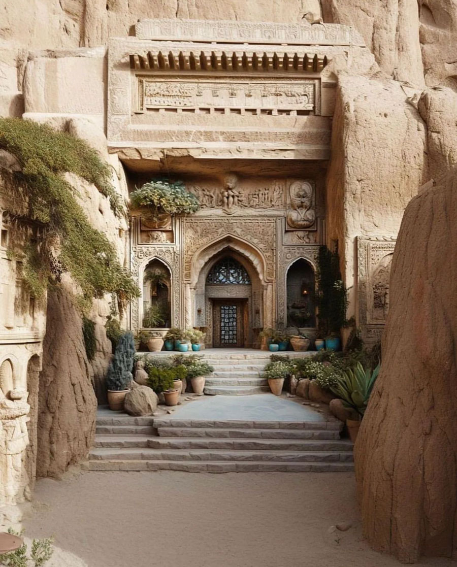 old persian front home entrance, stone walls, plants, pottery