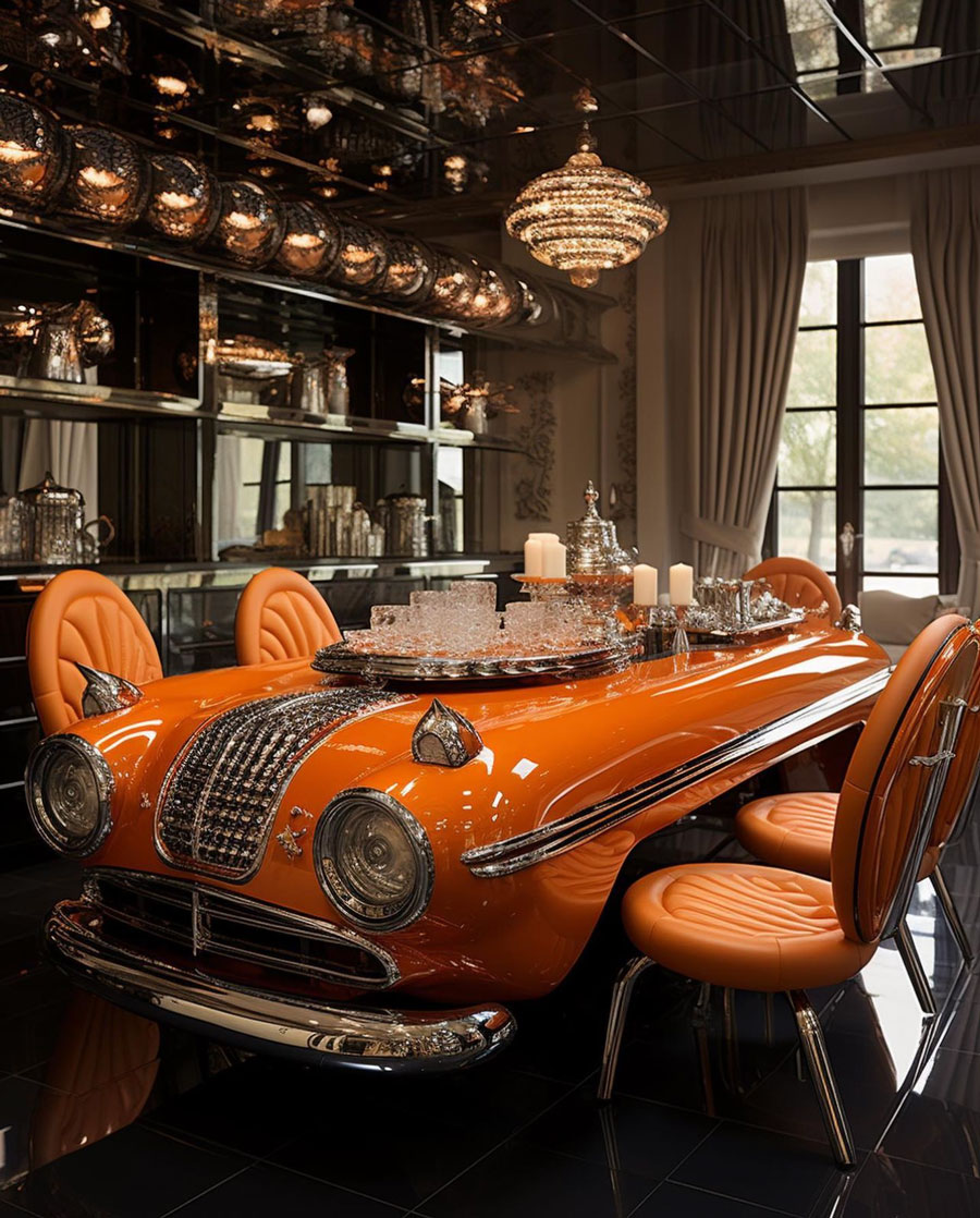 orange classic car inspired kitchen table