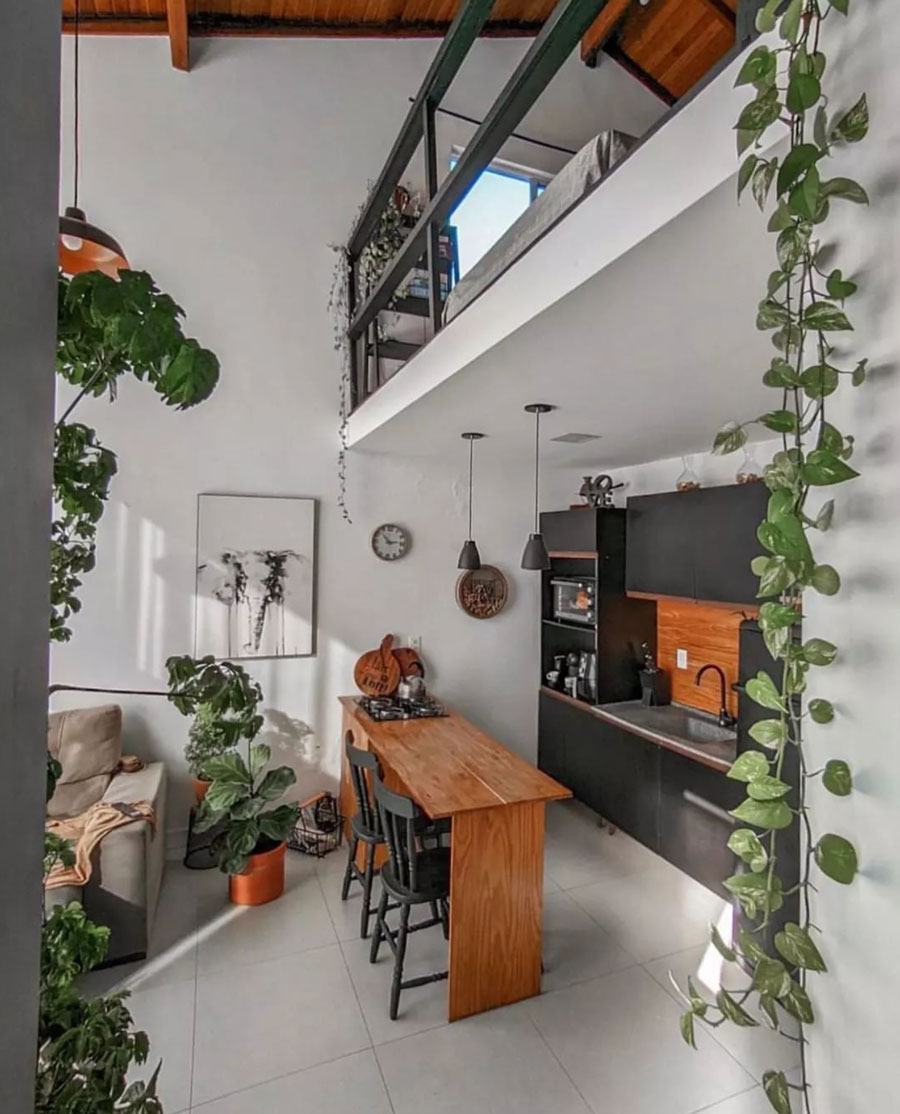 organic shrubbery on walls, kitchen view layout design