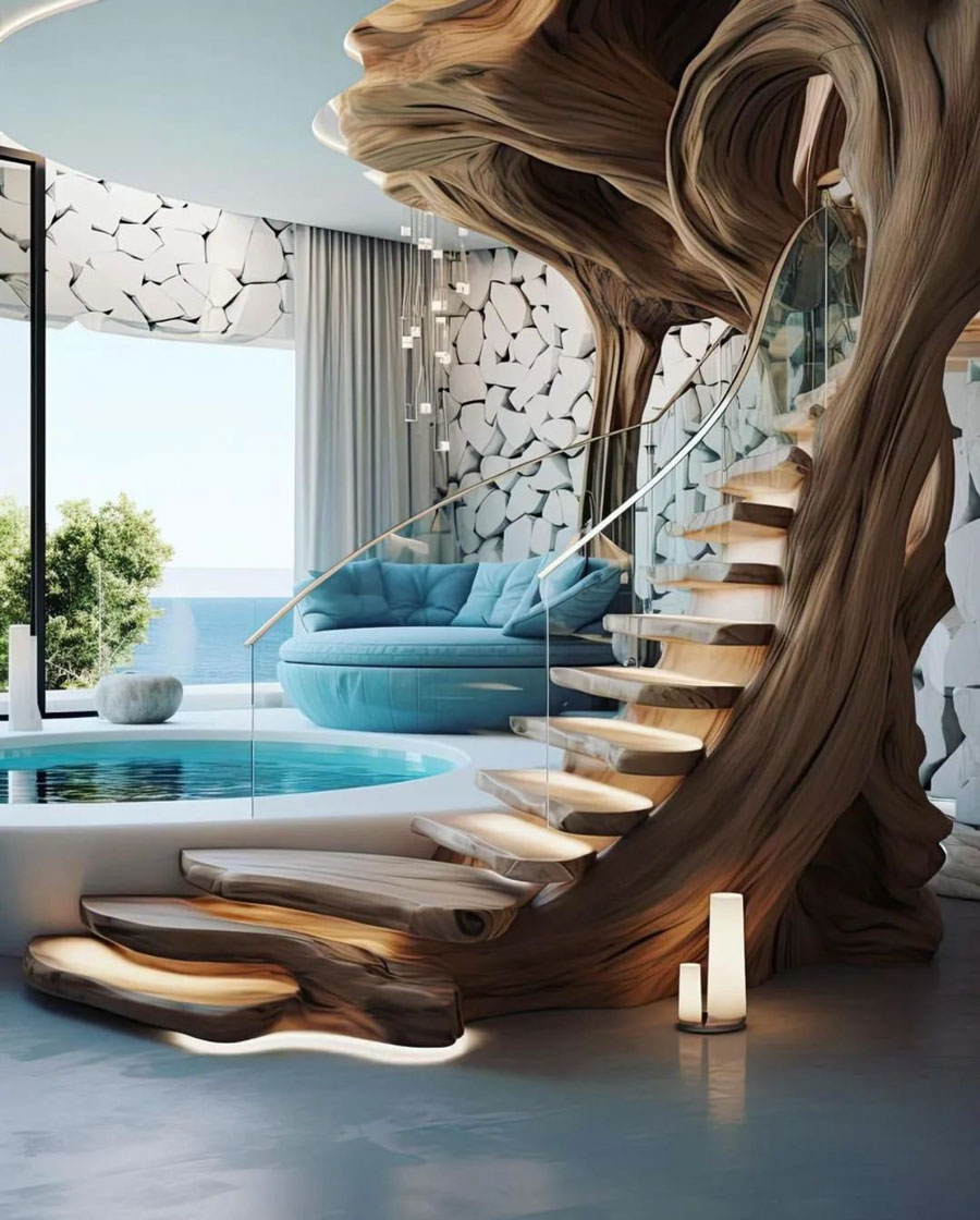 organic wood stairs with spa in livingroom