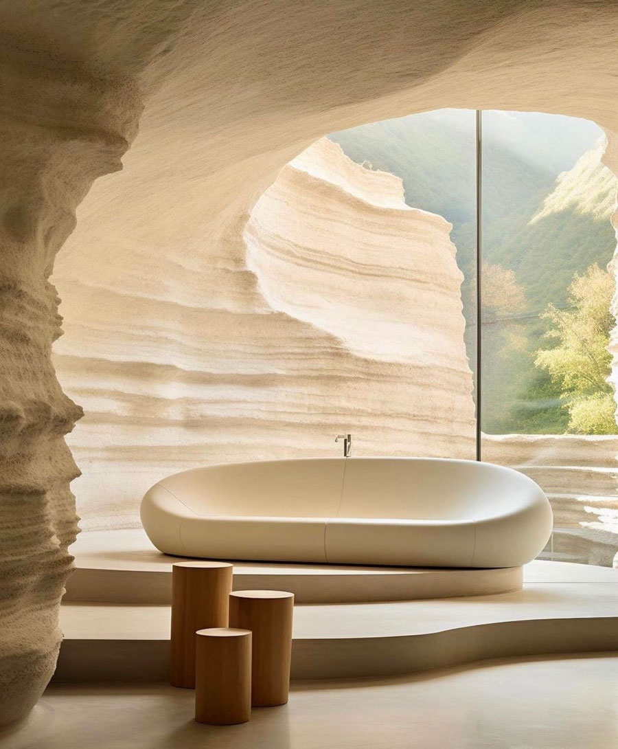 outdoor bathroom bathtub against rock wall