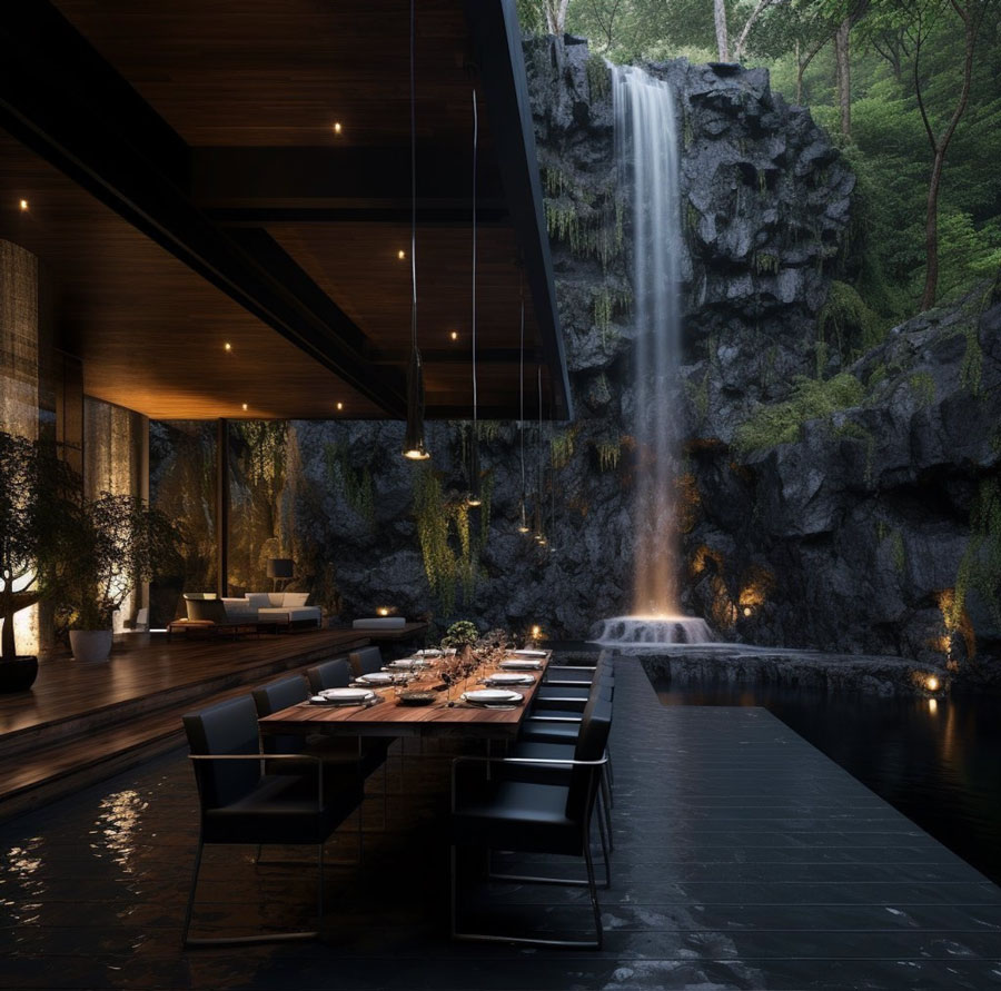 outdoor dining room waterfall view