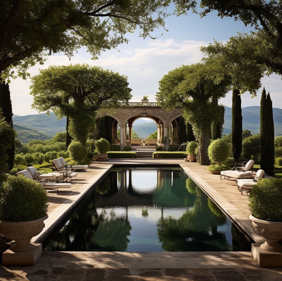 outdoor swimming pool in modern country side tuscan inspired home