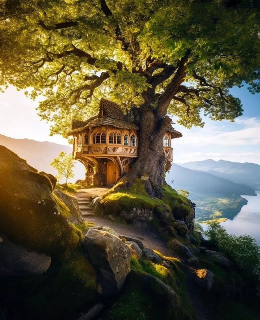 Outdoor view, small treehouse against large tree, views of nature