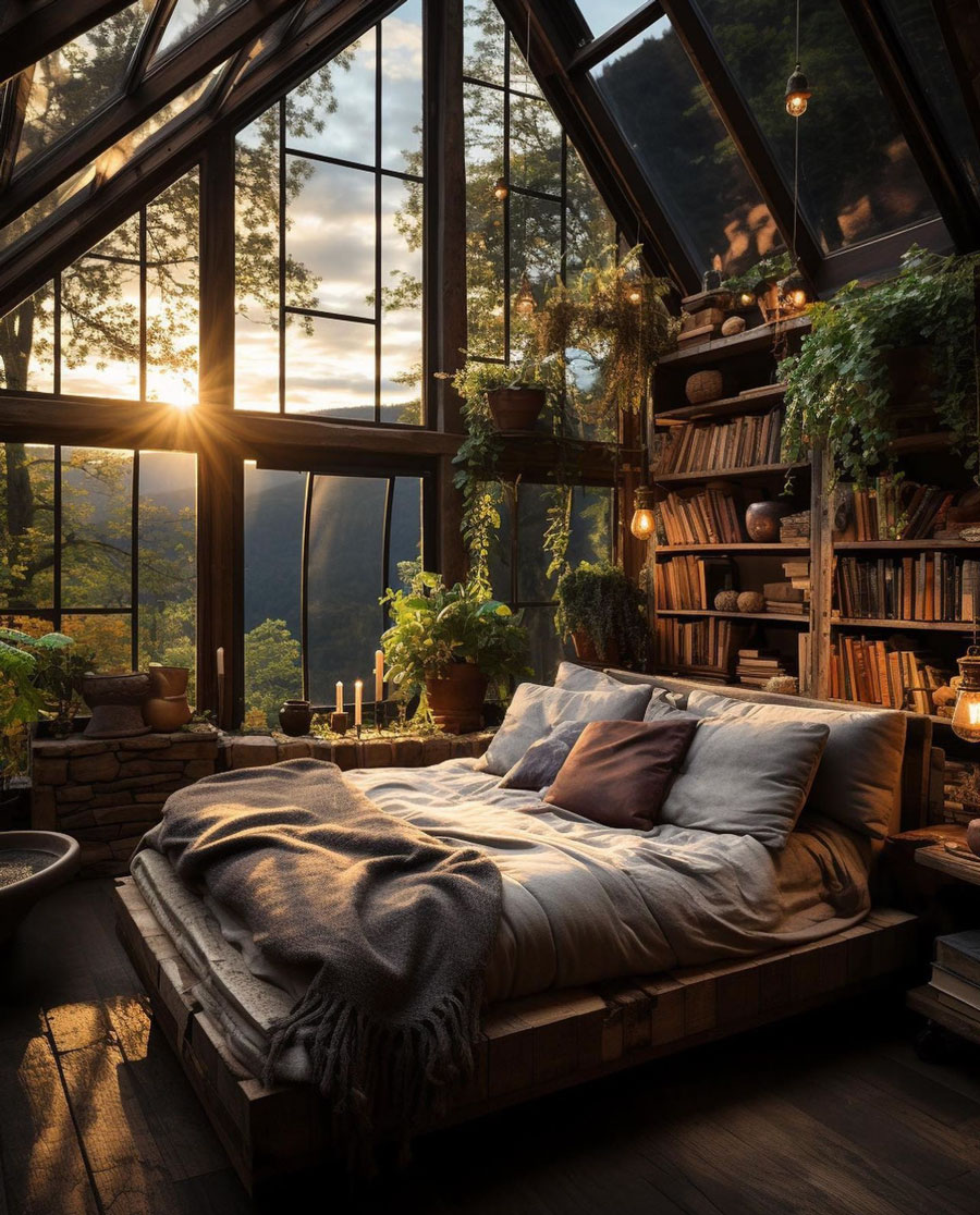 secluded comfy bedroom, book shelves