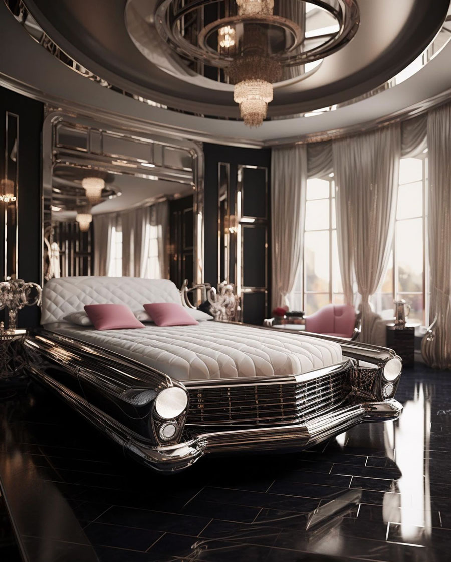 shiny sleek silver car inspired bed