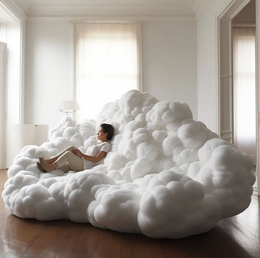 sitting on cloud shaped sofa couch