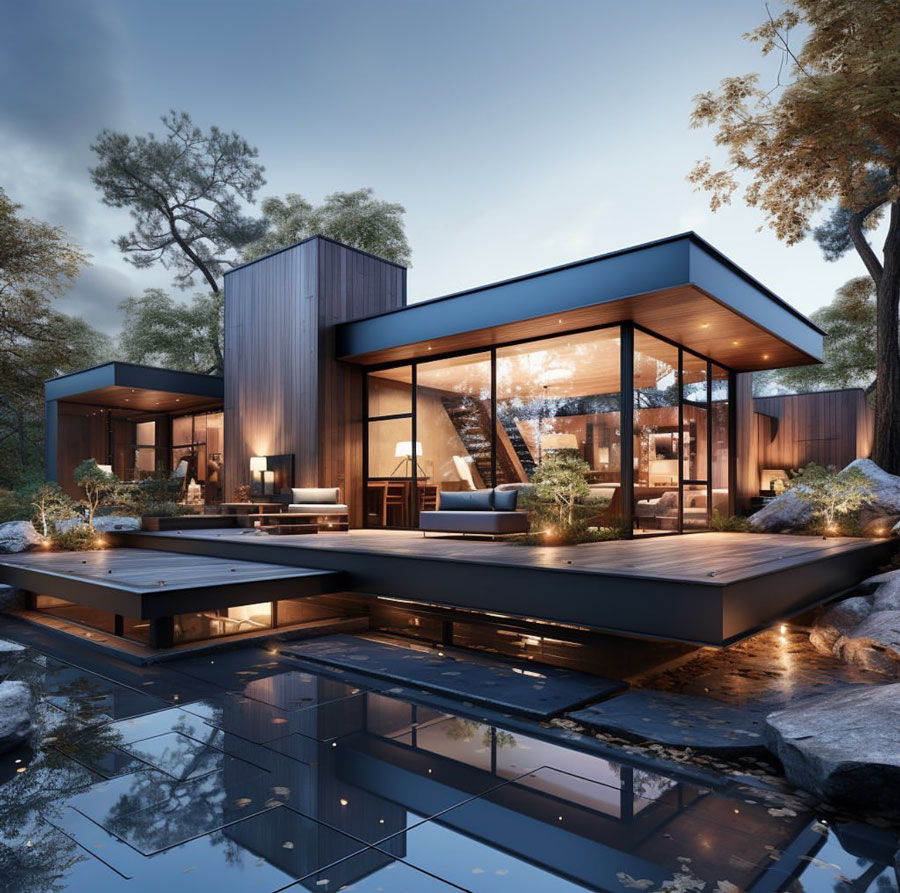 modern exterior, home reflection in water feature, wood deck area