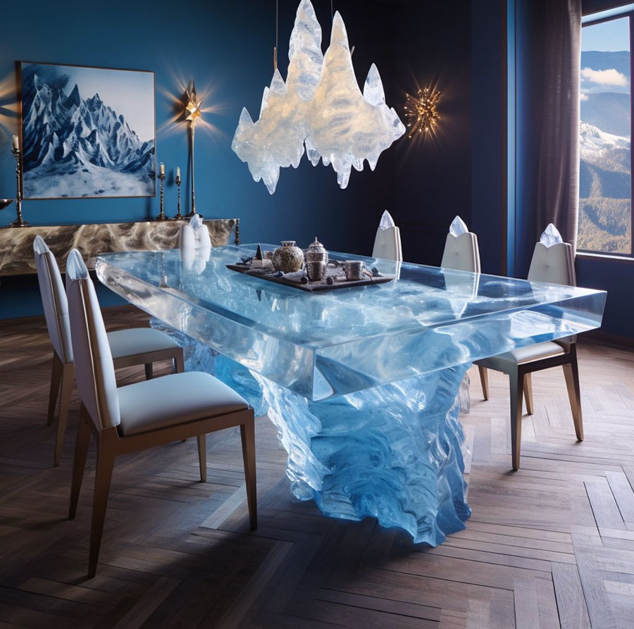 thick clear blue glacier inspired ai table design