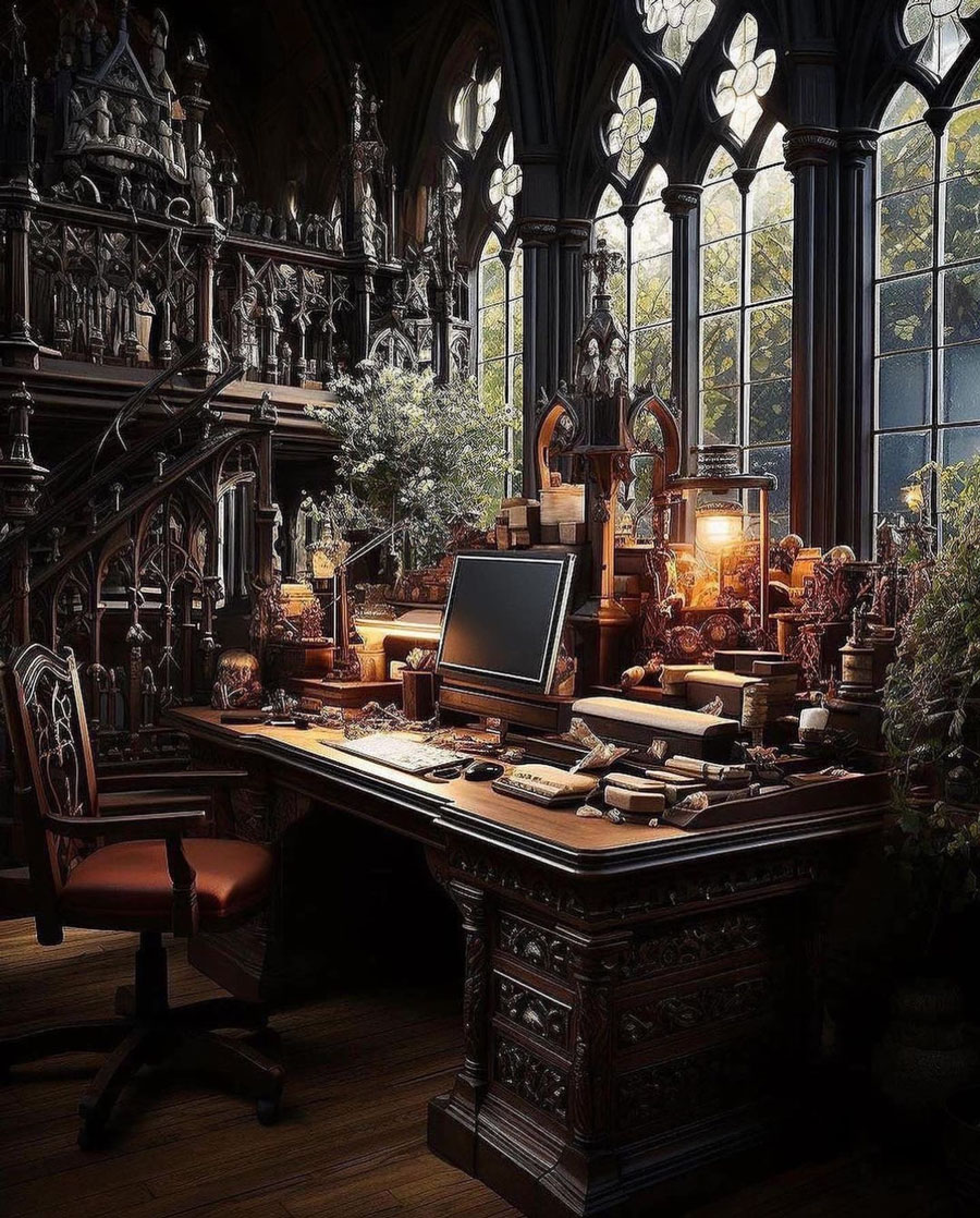 gothic style windows, large bulky desk with decorative chair