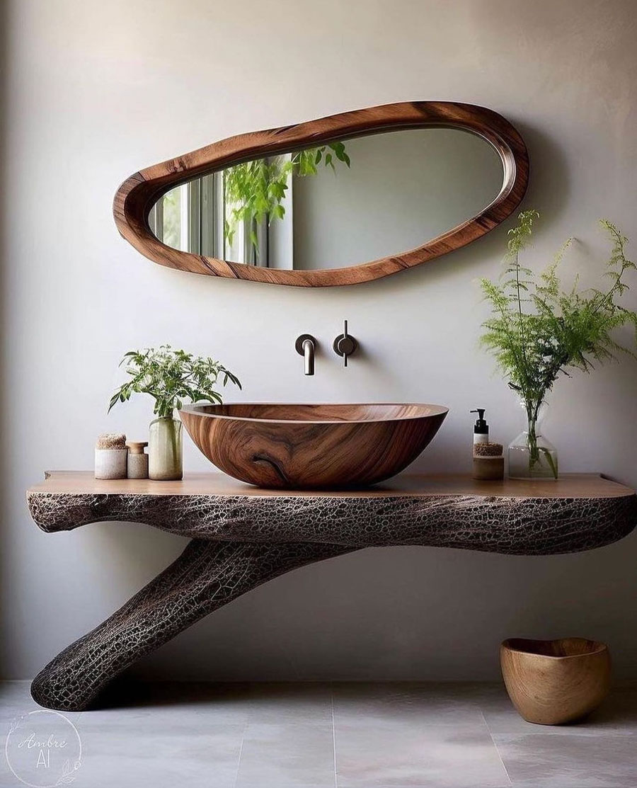 weathered wood floating vanity with wood sink bathroom