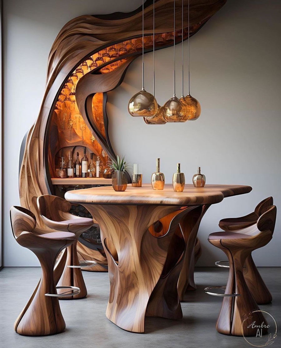 wood artwork bar table and chairs