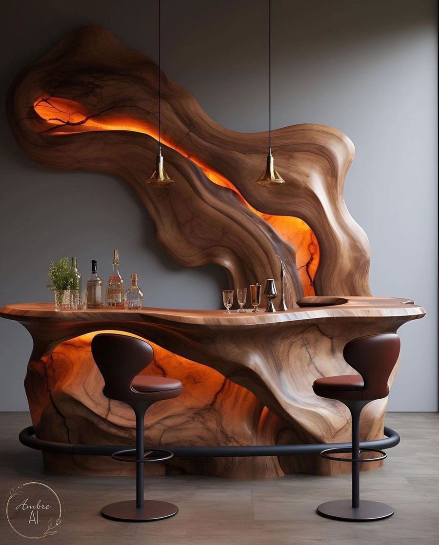 wood bar and organic wood artwork bar design