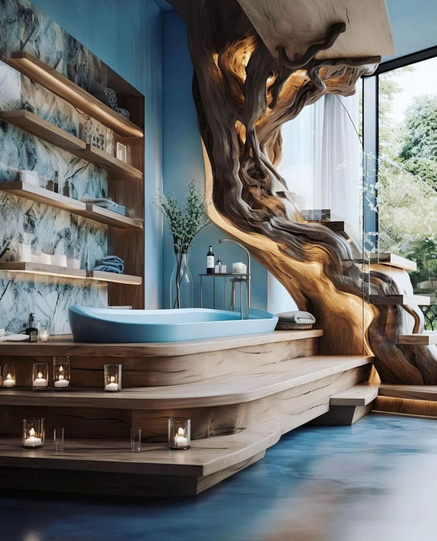 wood carved platform and stairs in bathroom