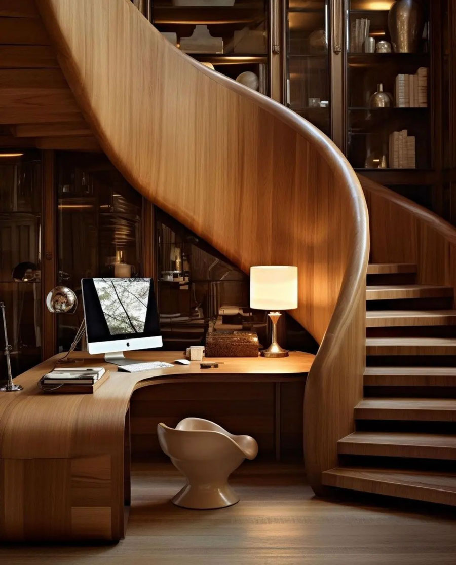 wood desk with winding wood staircase