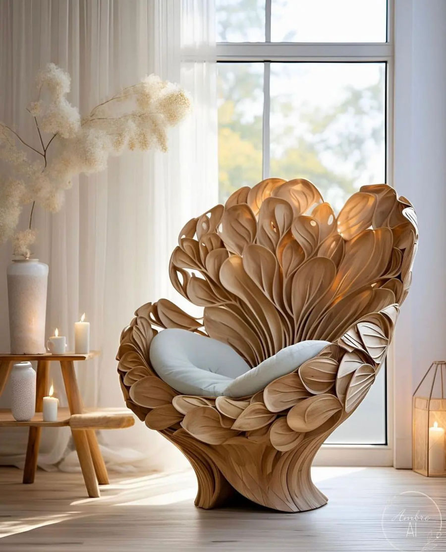 wood leave carved chair with coushin white bottom