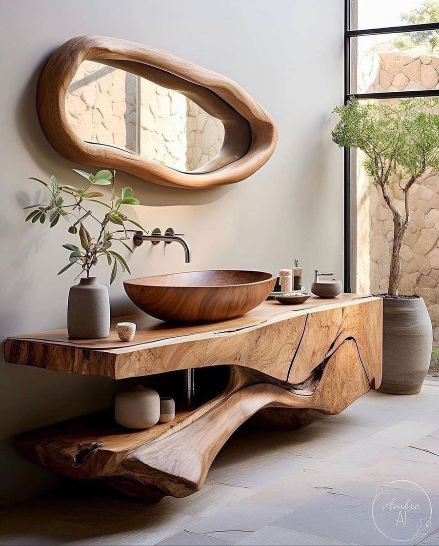 wood mirror with wood vanity bathroom