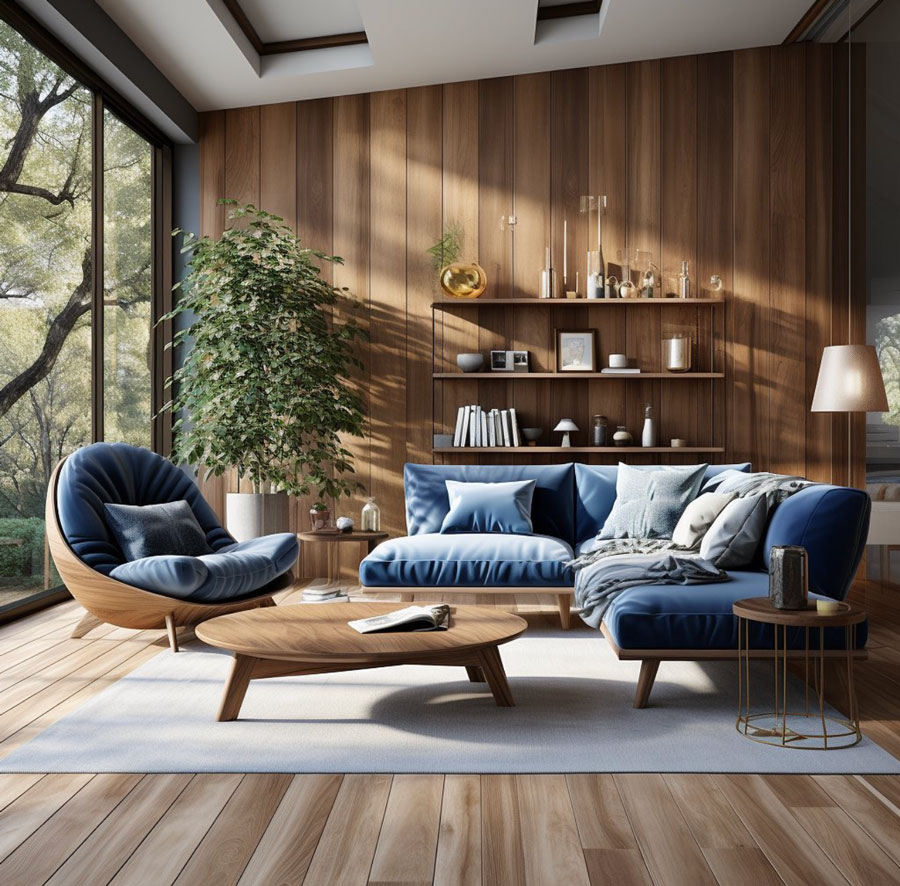 wood panel wall dream house with blue couches