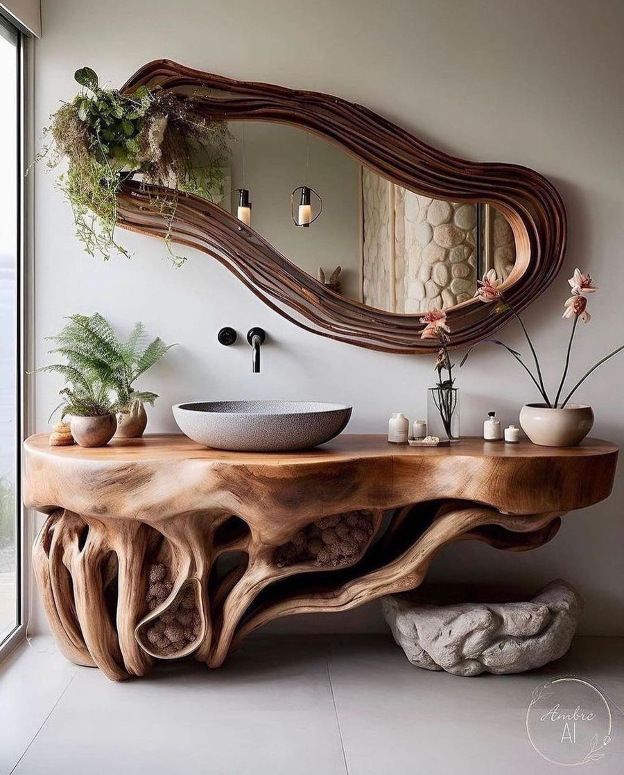 wood vanity and wood carved mirror bathroom