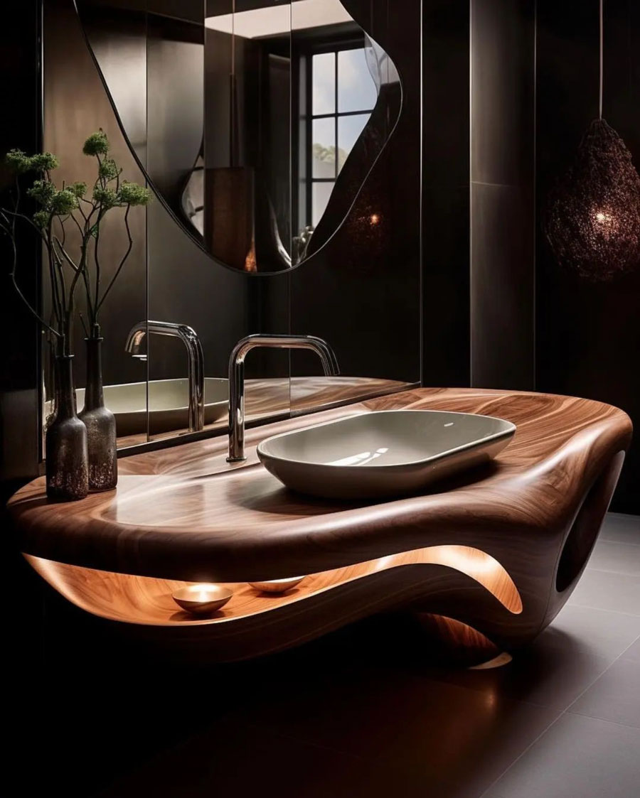 wood vanity with simple sink