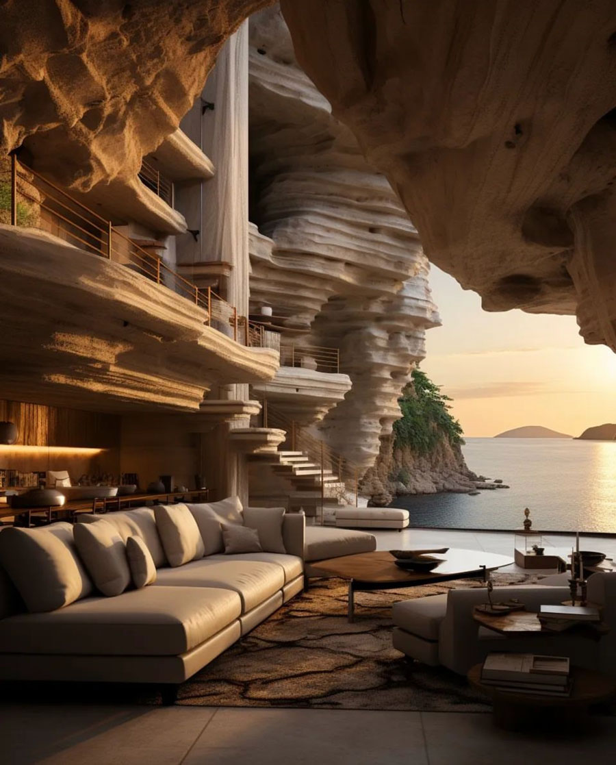 Cliffside dream home living room during sunset
