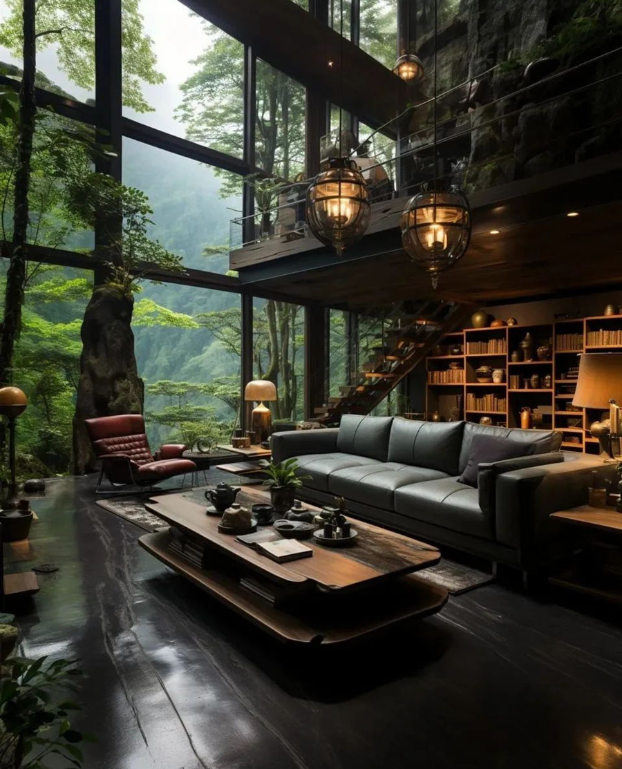 Forest dream home living room with high ceilings and amazing views