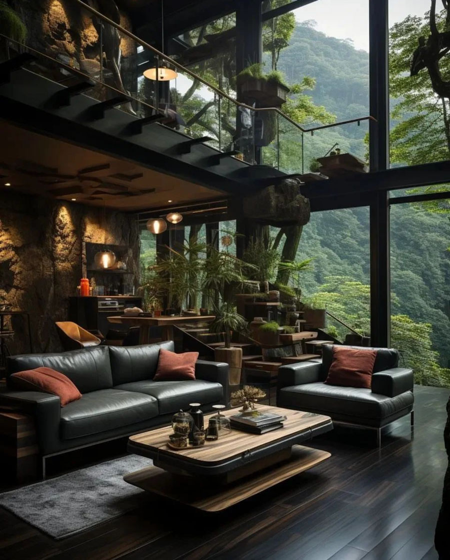 Living room overlooking green forest