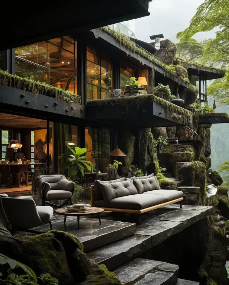 Outdoor patio view overlooking beautiful forest