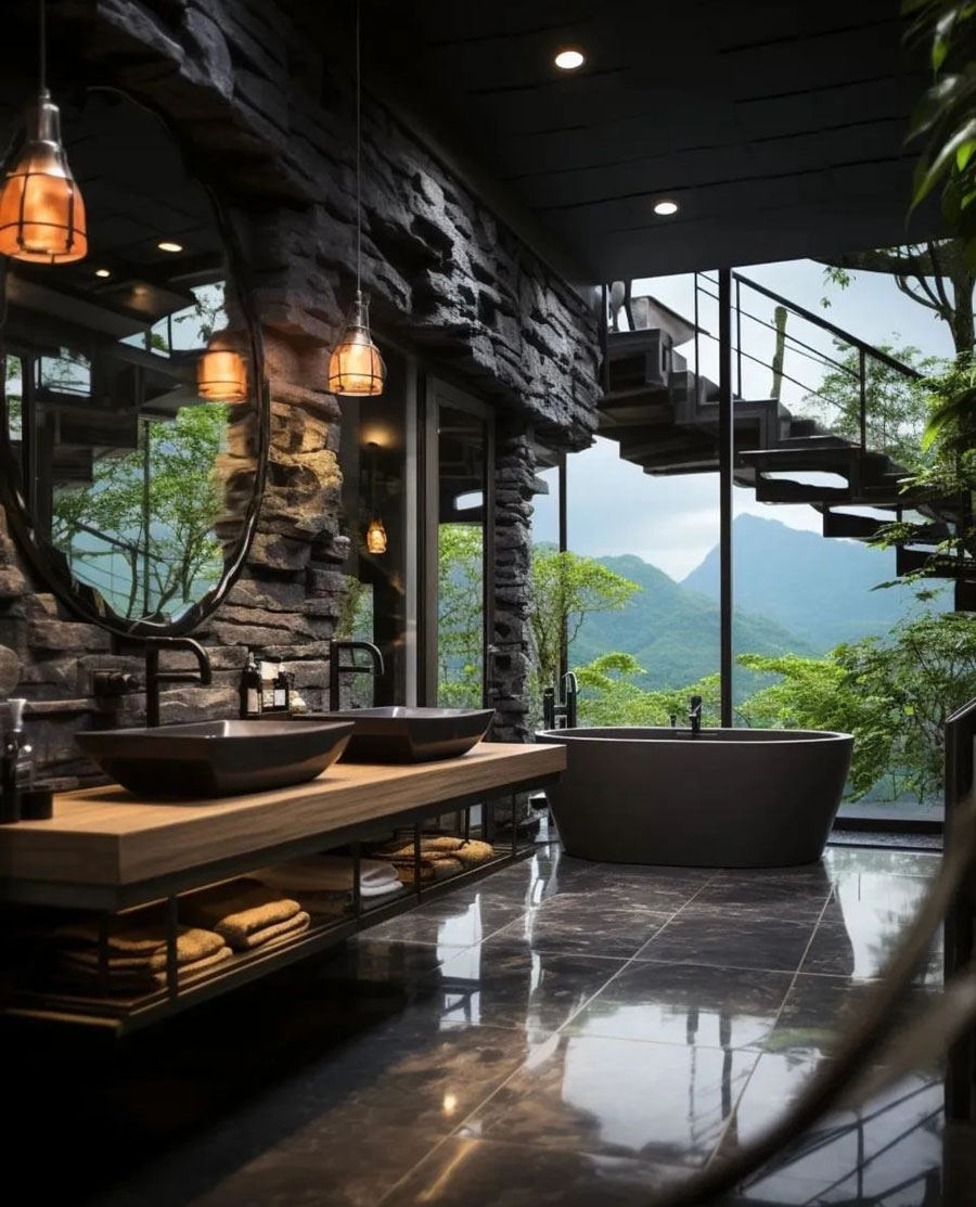 Secondary Guest bathroom overlooking mountain forest views