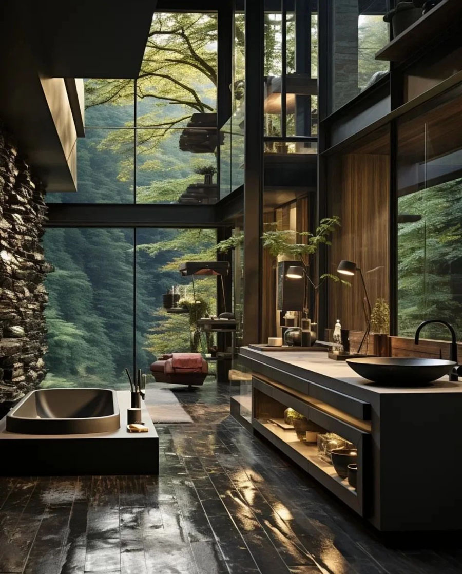 Sleek modern bathroom over looking forest views