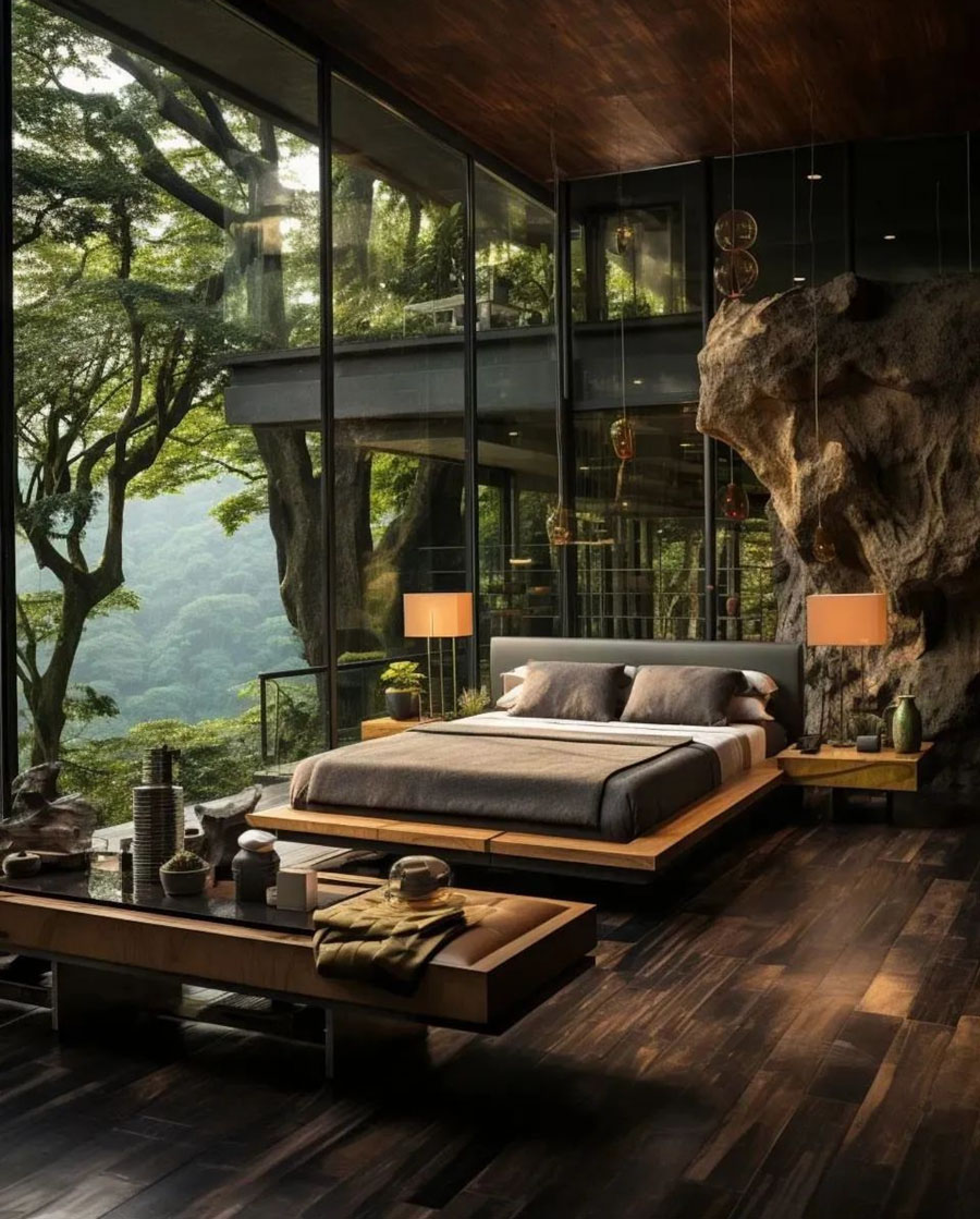 dream house master bedroom overlooling forest views